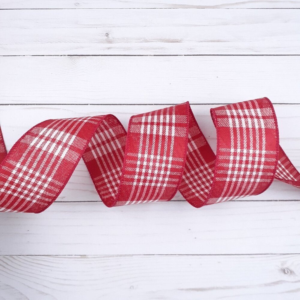 Wired Decorative Ribbon Plaid Red White 2.5 Inch x 80 Feet R8